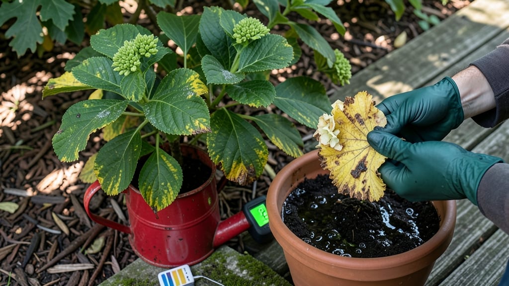 Too Much Water Pictures of Hydrangea Leaf Problems: Yellowing Leaves? Fix Overwatering in 3 Steps