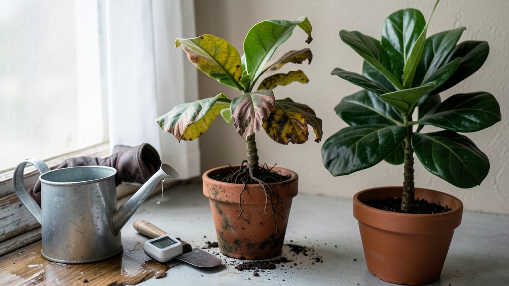 Overwatered Unhealthy Fiddle Leaf Fig: Root Rot Rescue in 4 Easy Steps